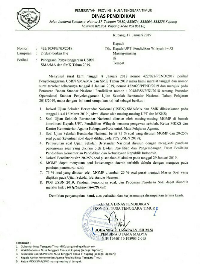 Surat Kepala Dinas Pendidikan Provinsi Nusa Tenggara Timur